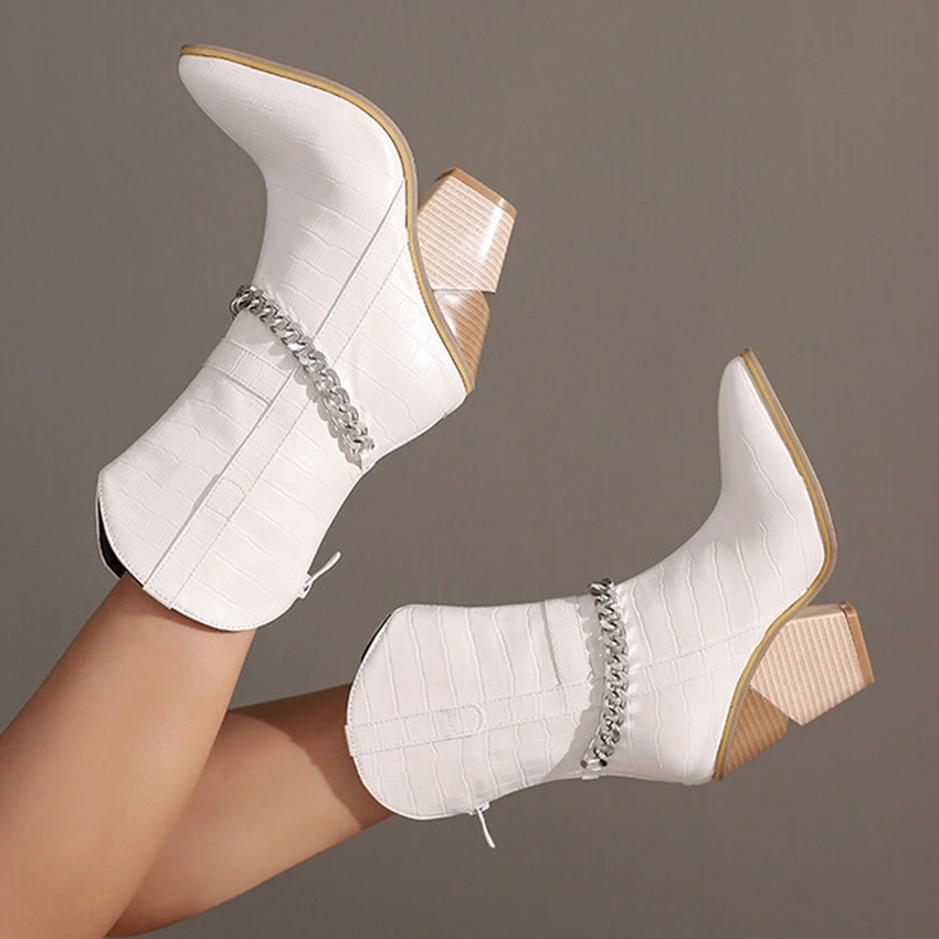 Eokkar Wedges Cowboy Ankle Boots for Women Stacked High Heel Cowgirl Boots Western Chain Pointed Toe Mid Calf Boots White Boots