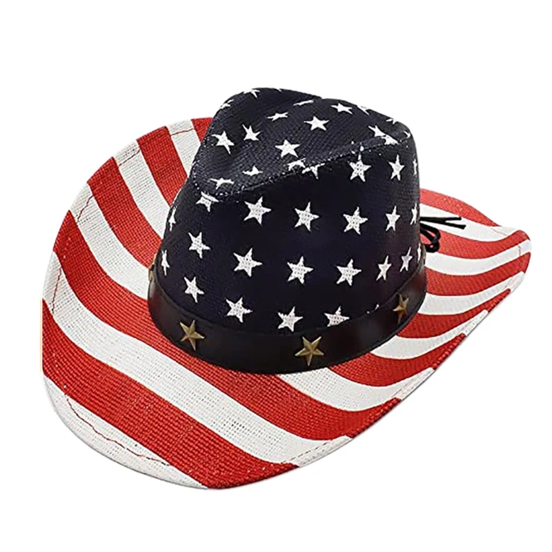 

H9ED Stylish American Flag Cowgirl Hat Western Cowboy Hat with Windproof Rope Wide Brim Jazz Top Hat for Theme Party