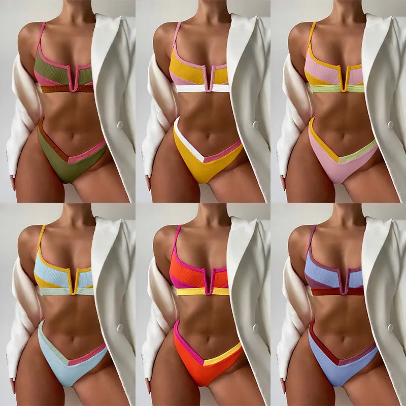 

Сексуальное бикини, купальник в рубчик, женский купальник, новинка 2022, женское бикини в стиле пэчворк, стринги, комплект бикини с высоким выр...