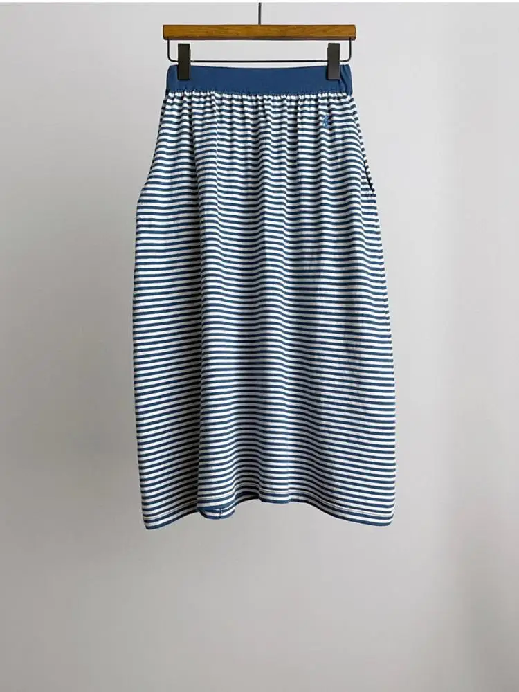 

Женская трикотажная юбка в синюю полоску с вышивкой, новинка 2023, эластичная Женская свободная прямая повседневная юбка миди с высокой талией