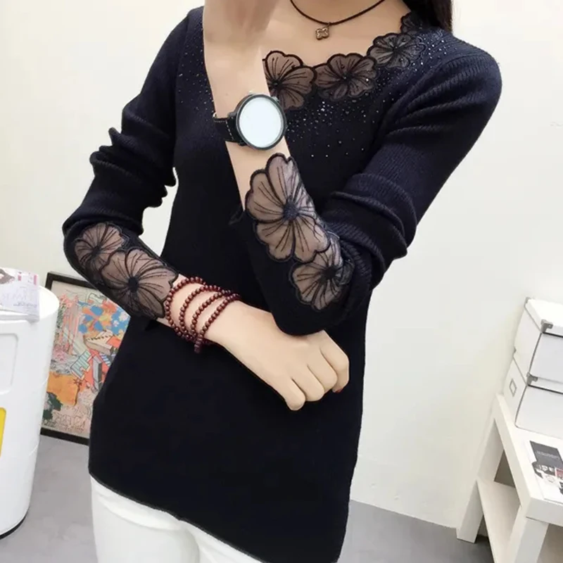 Вязаные Пуловеры с кружевом в стиле пэчворк полуводолазка сексуальные топы