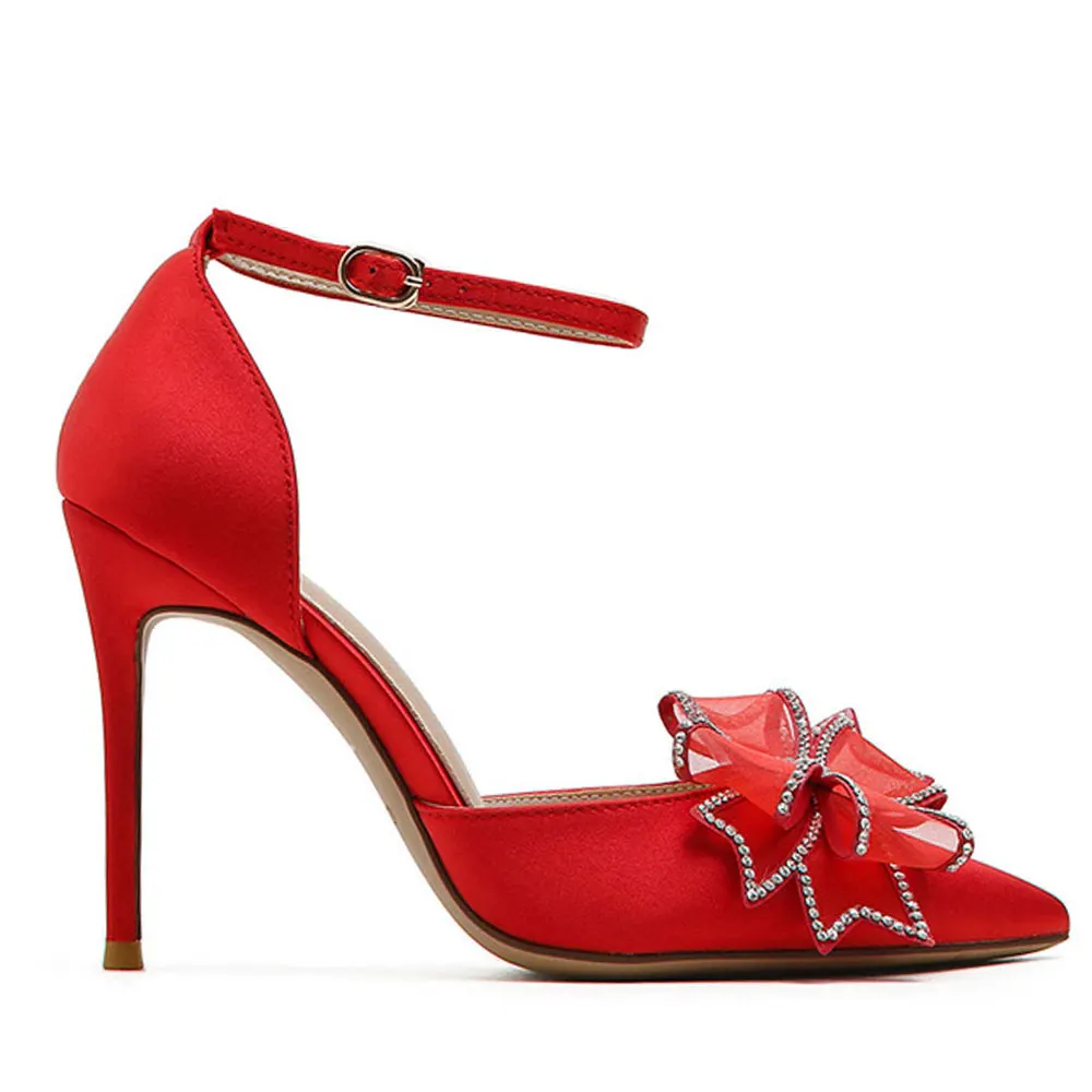 

Новинка, элегантные черные и красные женские туфли Gnazhee с бантом для вечеринки, пикантные сандалии с острым носком на тонком высоком каблуке...