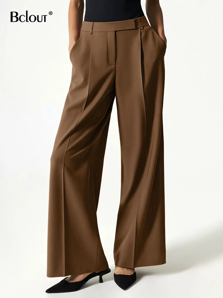 Элегантные коричневые длинные брюки Bclout, женские осенние однотонные офисные Свободные плиссированные брюки, модные винтажные широкие брюки с высокой талией