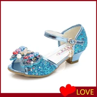 2022 princess kids leather shoes for flower casual glitter children high heel girls butterfly knot blue pink silver
