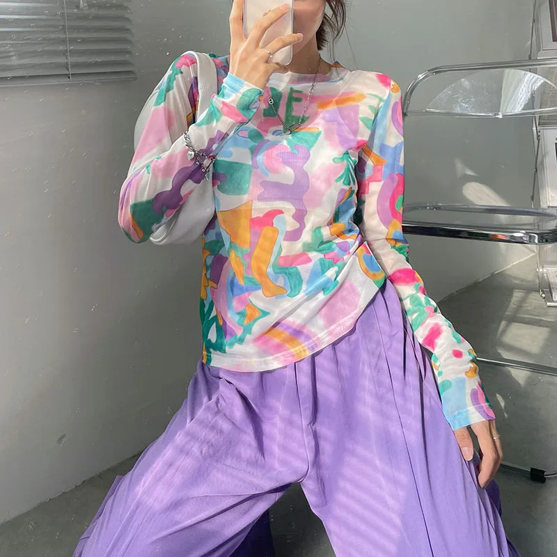 

Y2k Unique Aesthetic Mesh Top See-through Translucent Long-sleeved T-shirt Ladies Tie-dye Art Print Sweet Top Streetwear E Girl