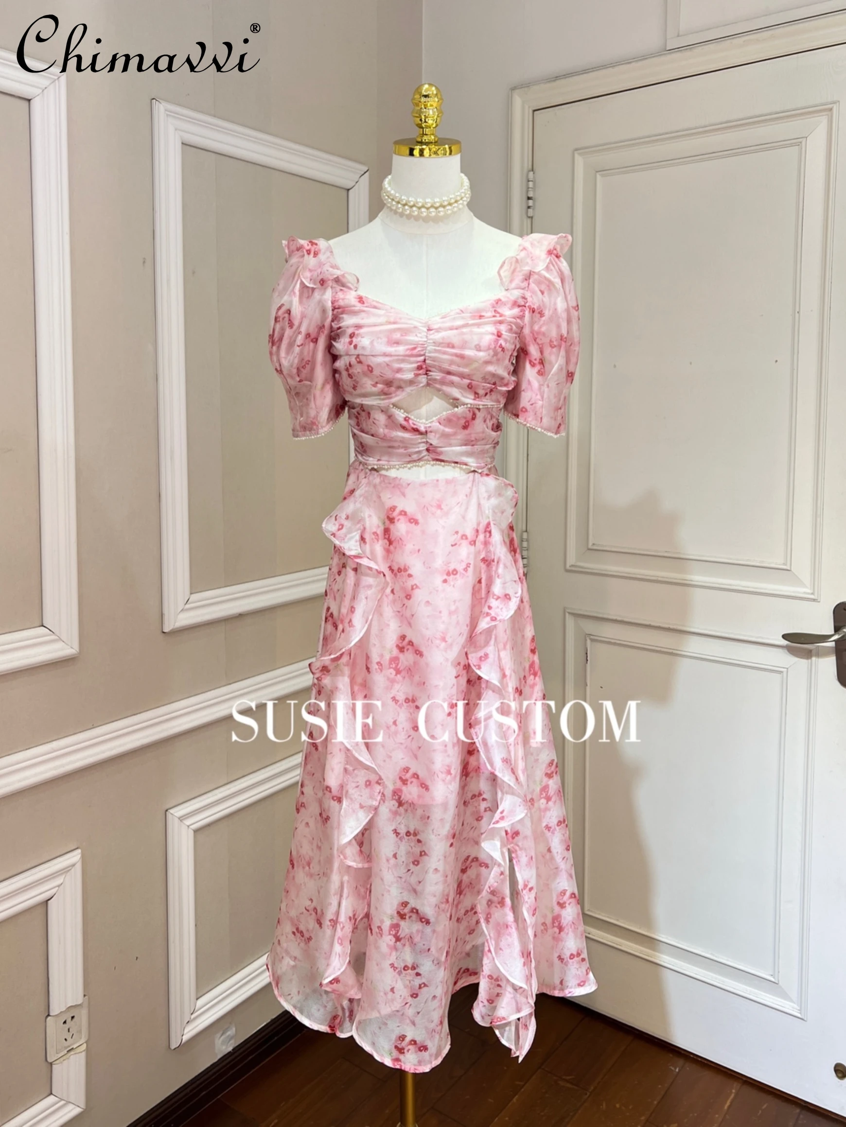 

Fairy Pearls Pleated Puff Sleeve Hollow-out Cinched Ankle-length Dress Women's 2022 Summer Elegant Irregular Ruffled Split Dress