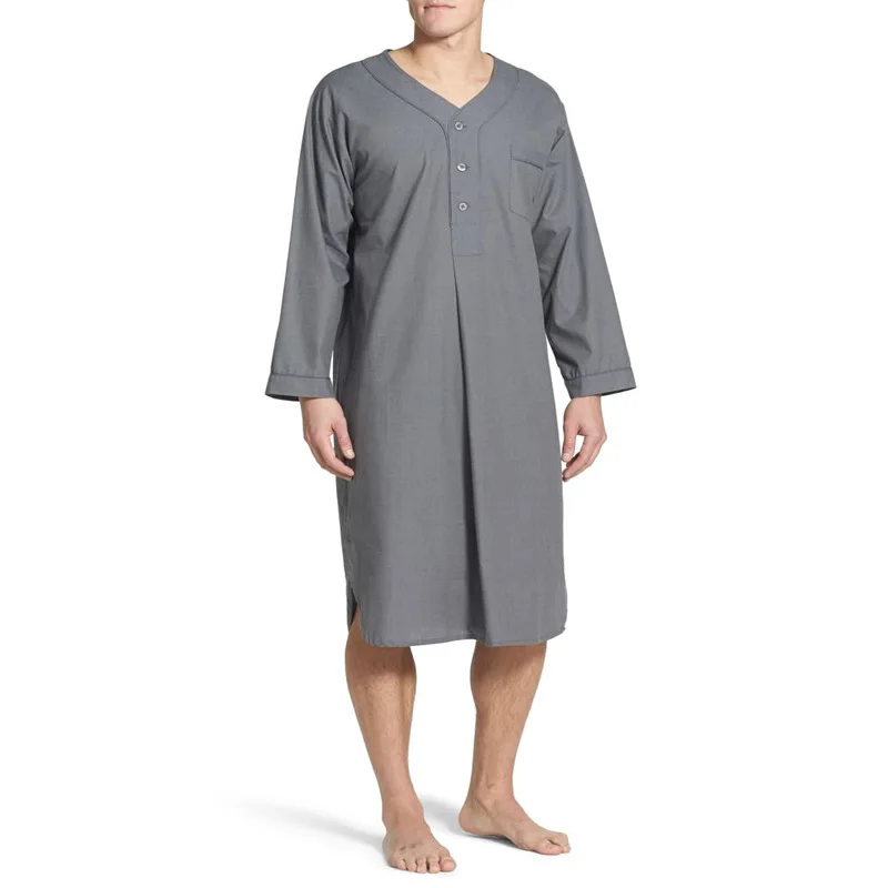 Muslim Men's Robe Southeast Asian Spring Autumn Loose V Standing Long Sleeved Medium Length Robe Solid Color Pajamas