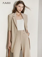 amii minimalism summer blazer for women short sleeve office lady long jacket high waist straight pants female trousers 12230101
