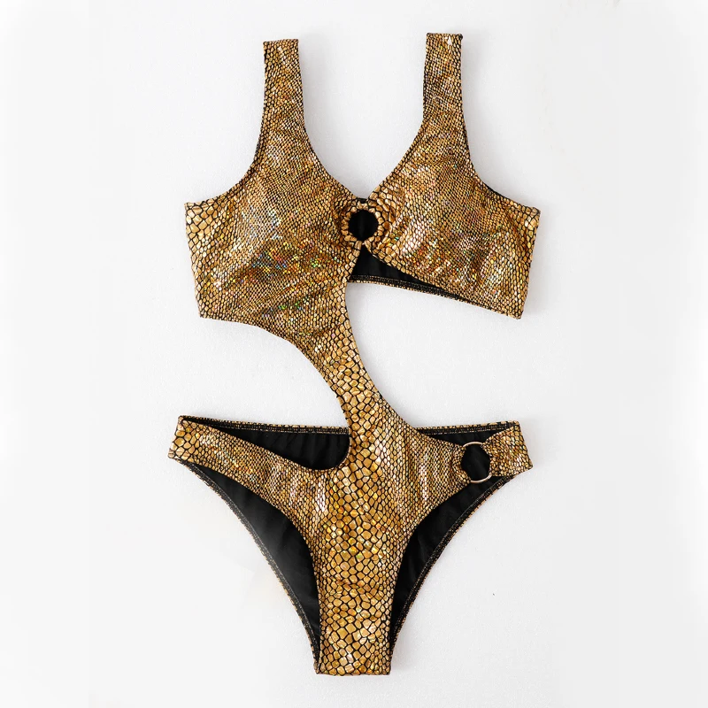 Женское боди без рукавов AIIOU черное облегающее со змеиным принтом с вырезами в