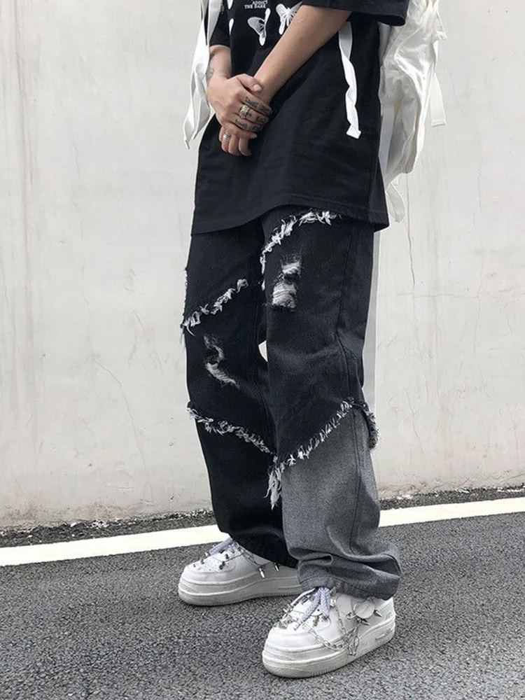 Four Seasons Men Jeans Brand Clothing Fashion High Street Tassel Stitching Raw Edge Design Hip Hop Streetwear Ins Hot Sale JEANS