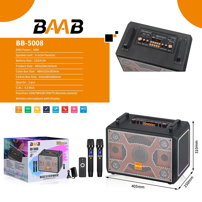Портативные караоке-колонки BB-5008 Ndr с подсветкой корпуса, беспроводной тележечной системой, питанием от аккумулятора, для домашних вечеринок. (art.: 3920dd1fca5c1) - 3920dd1fca5c1