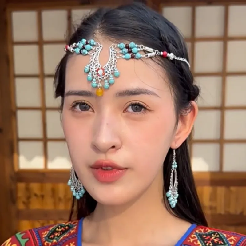 Женский головной убор в этническом стиле, полая цепочка серебряного цвета в богемном ретро-стиле с кисточками и бусинами из сплава