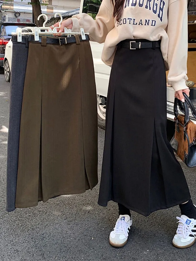Long Wool Skirt Womens High Waist A Line Woolen Skirts Saia Feminina+belt (75072)