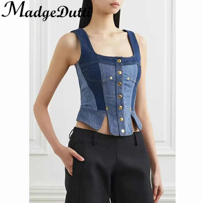 

4.6 MadgeDutti Single Breasted Spliced Color Collect Waist Vest Women Fashion Square Collar Suspender Denim Tank Top