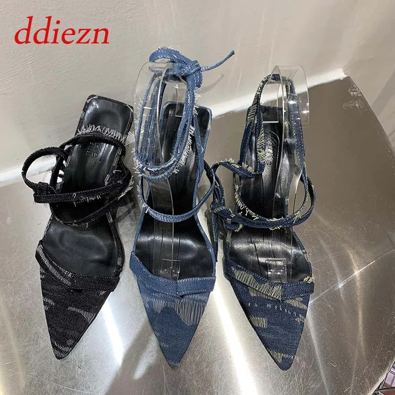 

Туфли-лодочки женские на тонком высоком каблуке, заостренный носок, перекрестная шнуровка, сандалии, лето 2023
