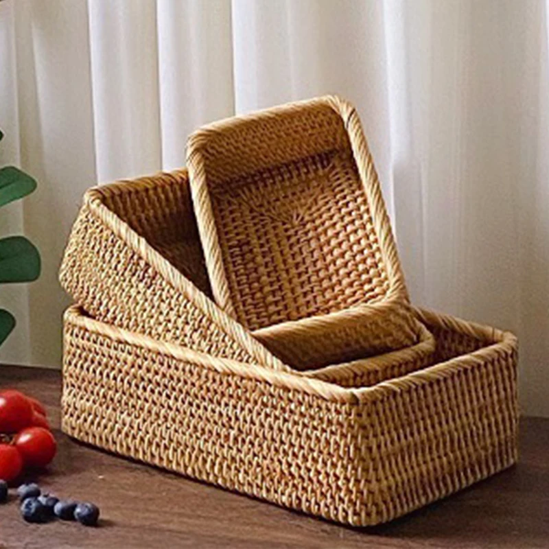 

Rectangular Hand-woven Basket Rattan Candy Storage Picnic Tray Food Bread Dish Multipurpose Drying Food Storage Dustpan