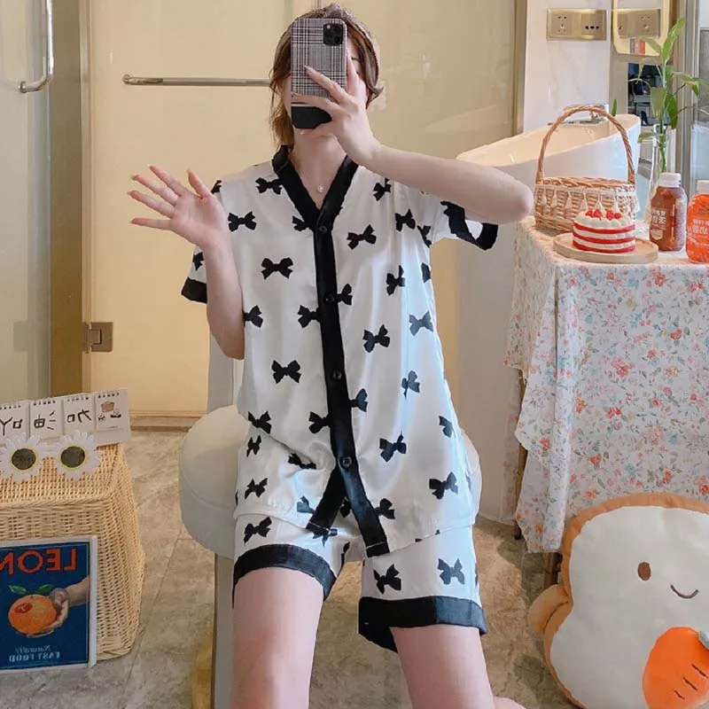 Spring Summer Ladies Faux Silk Polyester Pajama Sets Nightgown Homewear Women's Nightwear Suit Casual Luxury Pajamas for Woman