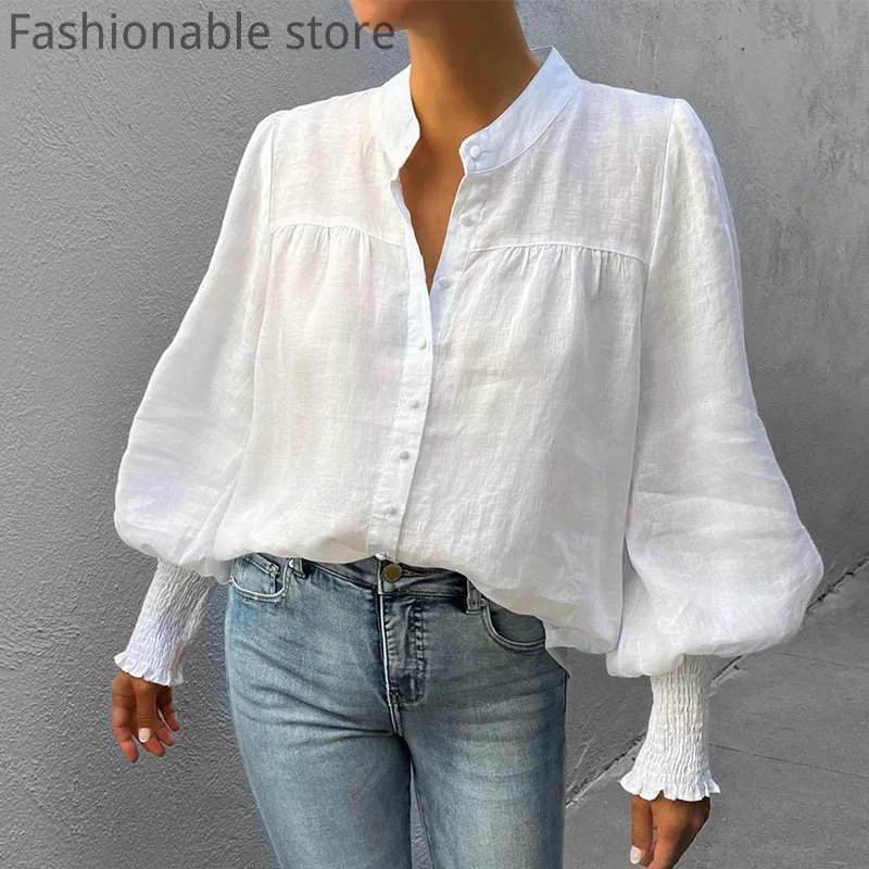 

Women Casual Solid Color Stand Collar Lantern Sleeve Button Front Blouse