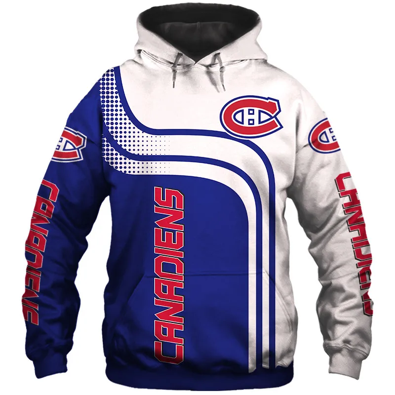 

Montreal men's Fashion 3D Hoodie White Blue Geometric Stitching Letters CH Print Canadiens Cool Outdoor Sweatshirts