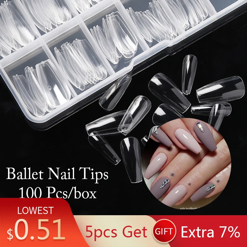 100/240/500 Pcs Boxed Transparent Coffin Ballet Fake Nails Tips Full Coverage Nail Tips Decorations