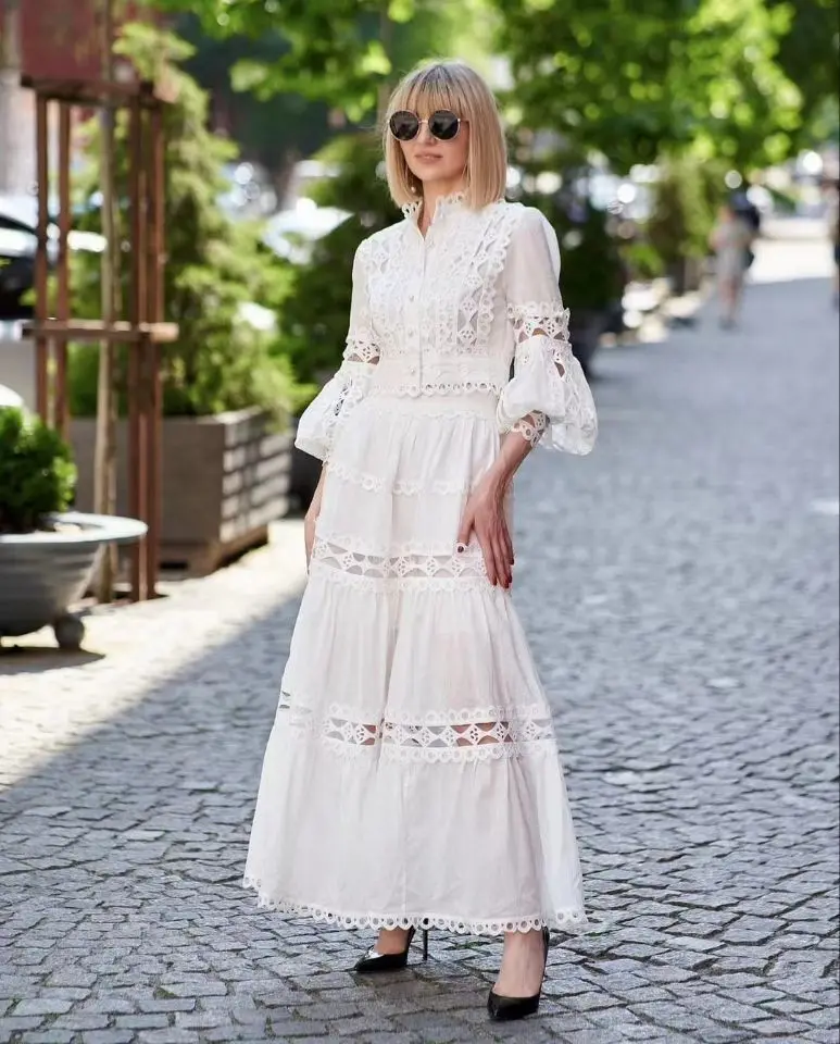 

VANOVICH французский дизайн кружева пэчворк рукав-фонарик повседневная короткая рубашка с высокой талией длинная юбка комплект из двух частей