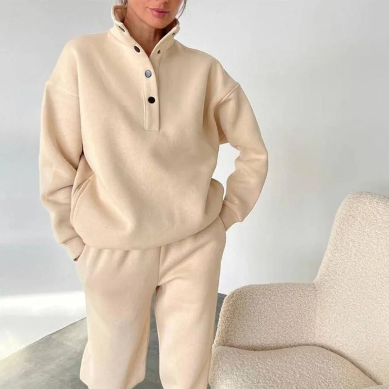 

Fashion Stand Collar Button Pullover&Long Pants Sets Elegant Casual Two Piece Outfits Women Spring Solid Color Loose Tracksuits