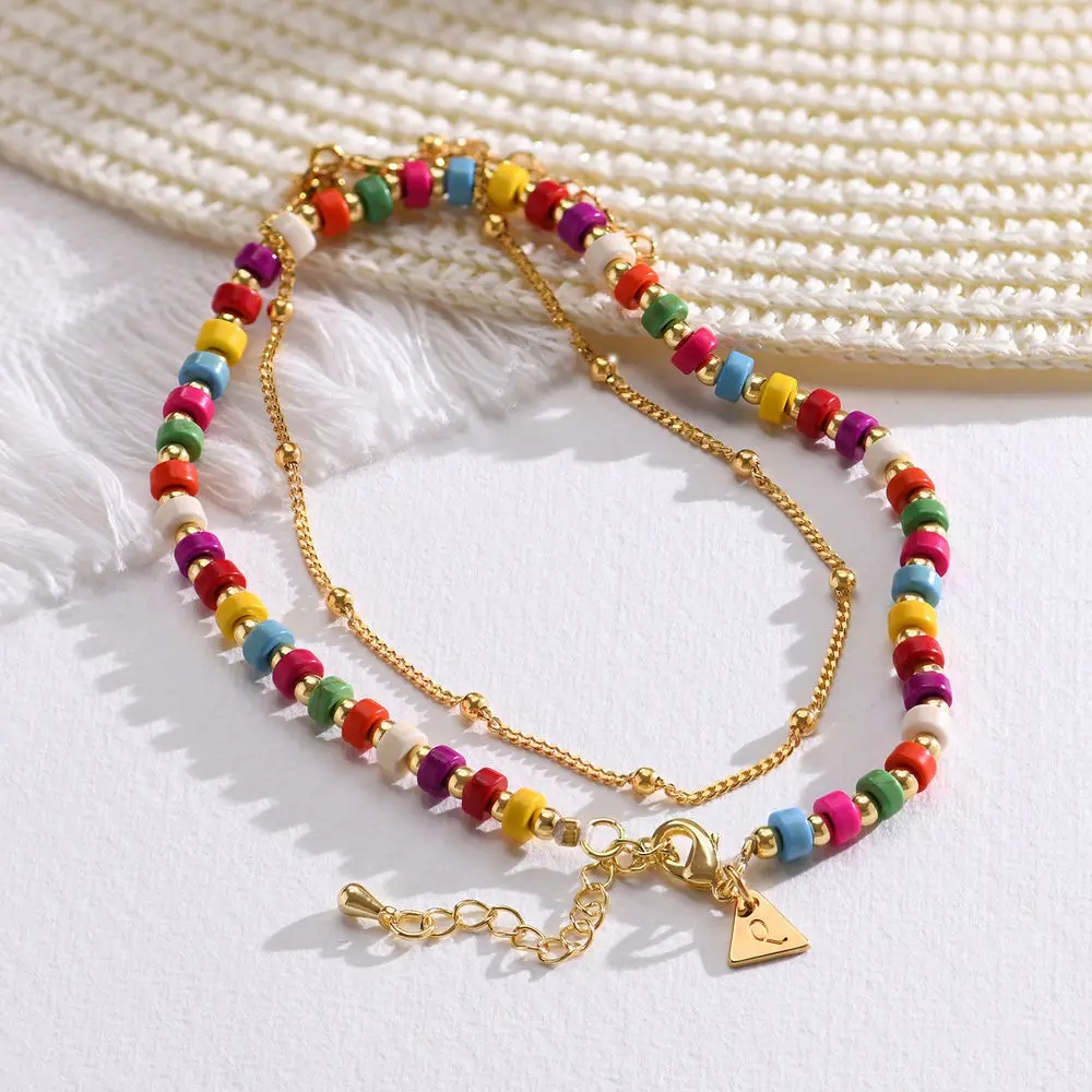 

Resort Tropical Layered Bead Bracelet Anklet with Custom Initial Gold Plated Fun Casual Colorful Jewelry Gift for Her Mom Friend