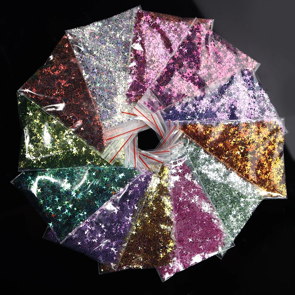 

10g/Bag Holographic Nail Glitter Sequins Four-Pointed Star Shape Flakes 3/4/5mm Mixed Size Laser Paillette Nail Glitter Flakes