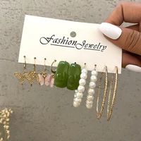 painted gold butterfly 5pcsset earring green natural stone women pearl big circle hoop earring set women trendy jewelry gifts