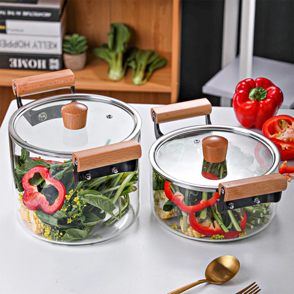 

High Temperature Resistant Transparent Lid With Wooden Handle Stock Pot With Large Capacity Open Flame Heating Glass Double Ear