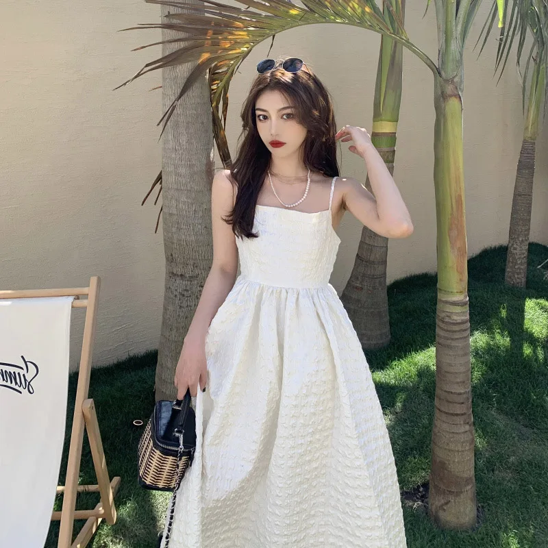 Dresses Woman Casual Solid Backless Sleeveless All-match A-line Trendy Korean Style Elegant Mid-calf Summer Sweet Ins Simple New