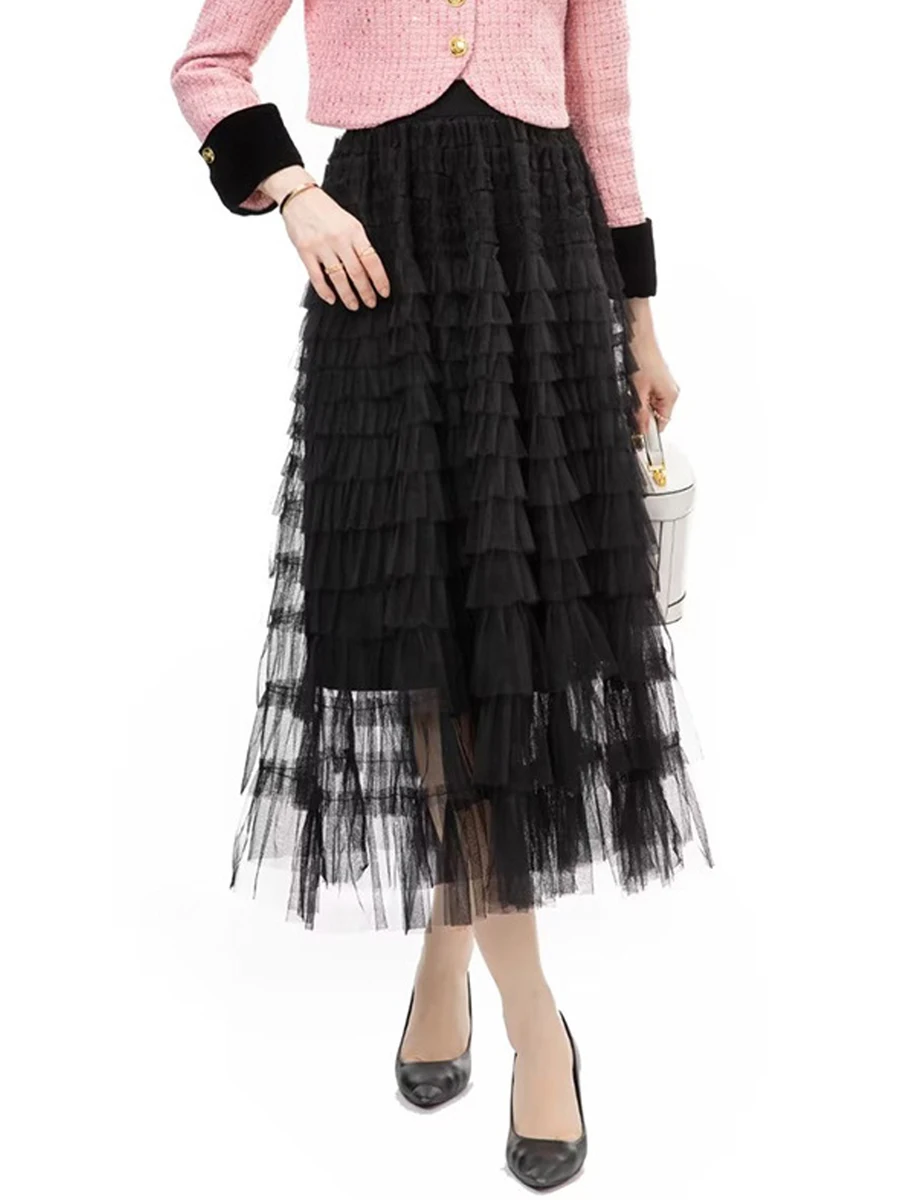 

Women Elegant Layered Tulle Tutu Skirts Elastic High Waist Frill Trim Ruffle Irregular Hem Midi Skirt for Party Office