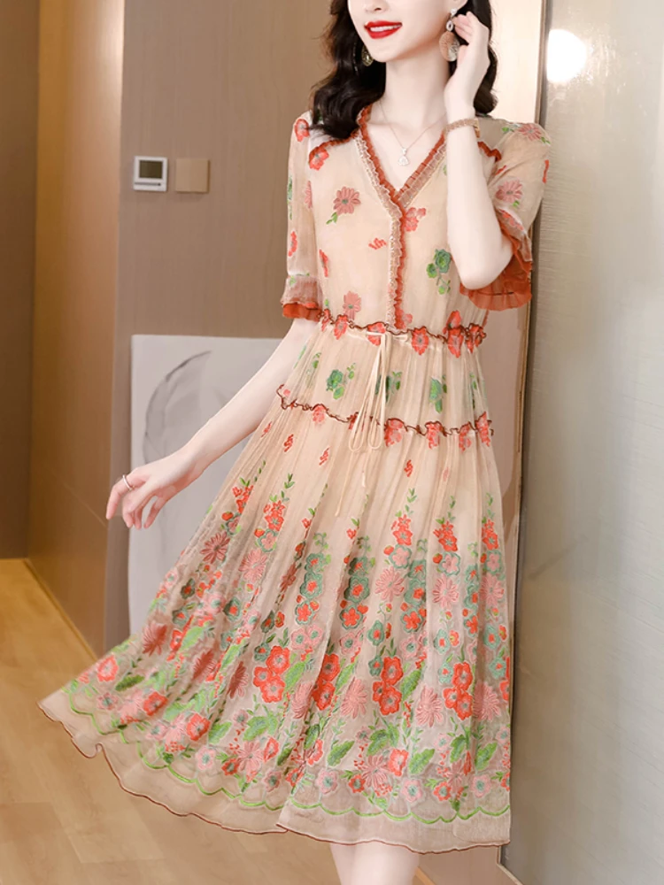 

Женское платье с вышивкой из шелка тутового шелкопряда, Платье До Колена абрикосового цвета с V-образным вырезом и сеткой, лето 2023