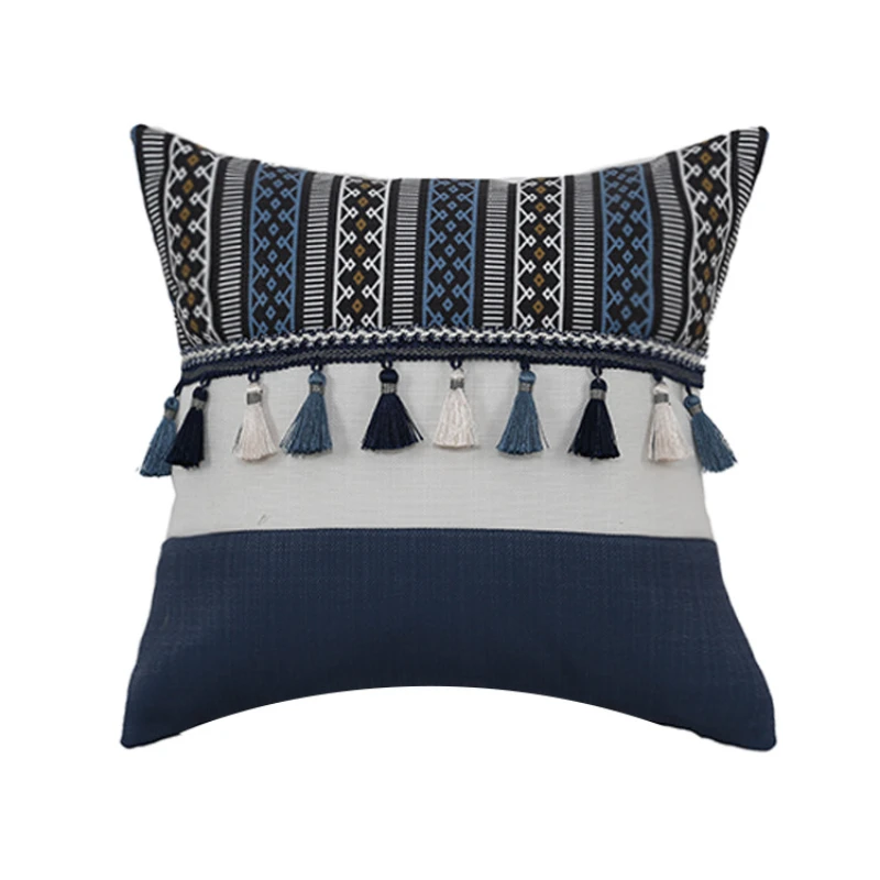 

Boho Style Cushion Cover Navy Blue Printed Tassels Decoration Pillow Cover 30x50cm 45x45cm Home Living Room Bed Room