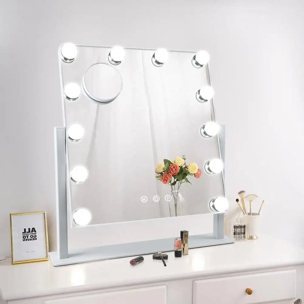 

Lighted Makeup Vanity Mirror with 12pc Dimmable LED Bulbs, Cosmetic Mirrors for 3 Color Lighting, 10X Magnification, ° Swivel,