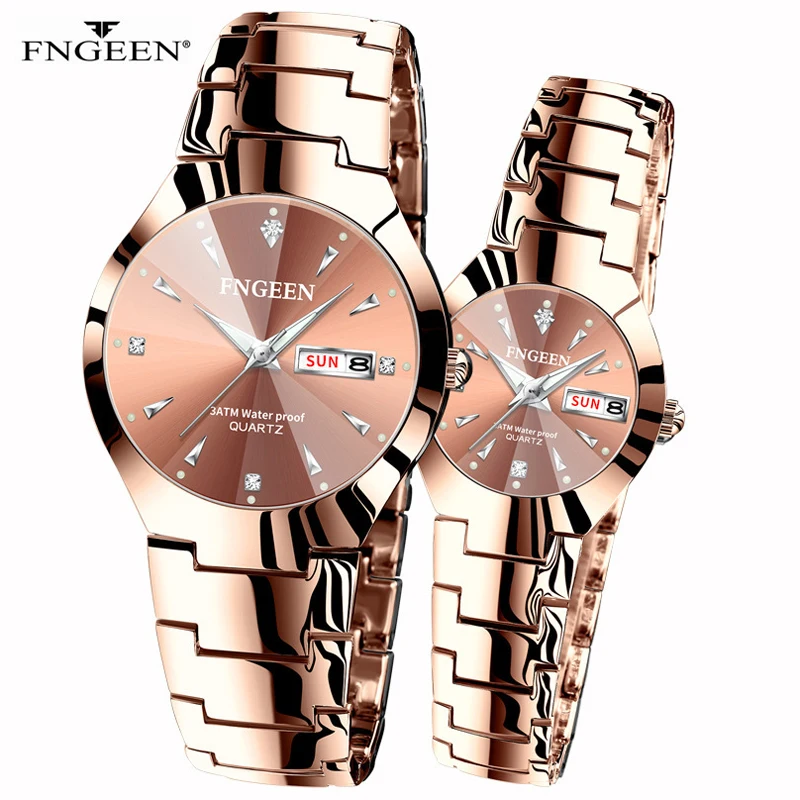 

FNGEEN Brand Luxury Rose Gold Couple Watches Men Women Watch Fashion Steel Wristwatch for Lovers Relogio Feminino Pair Hour