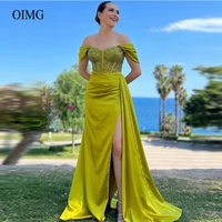 oimg off the shoulder satin a line evening dresses beads bones fitted sweetheart side slit modern light bright green prom gowns