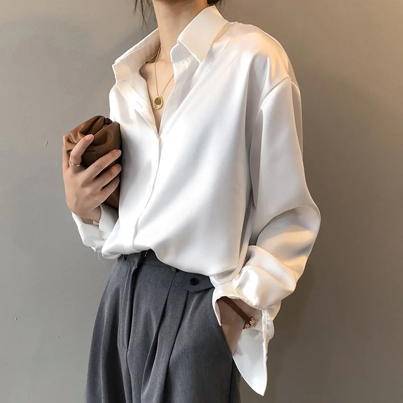 

Female white satin shirt with a turtleneck turned down, casual female shirt with silk buttons, new 11355 blouse