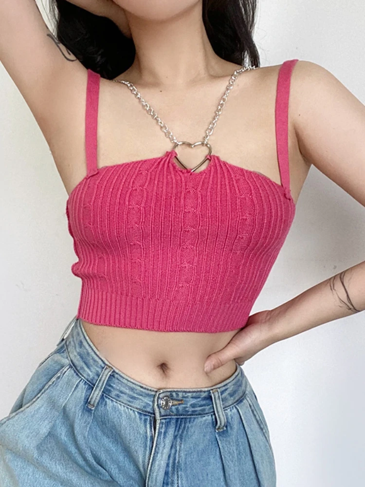 

Love Chain Camisole Womens Vest Knitted Strap Tank Top Sexy Navel Off Shoulder Solid Elastic Camis Sweet Girls Y2k Woman Clothes