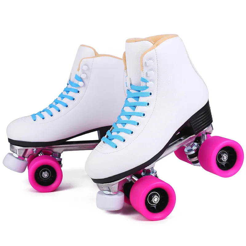 Steel Bracket Double Line Skate Unisex Quad Roller Skate Quality White Cowhide Skate Sport Patines Boots Pro Skating Gears