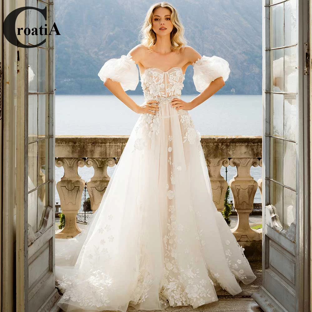 

Croadia Милая принцесса модные свадебные платья на заказ со шлейфом и рукавами-фонариками аппликация халат для невесты плюс