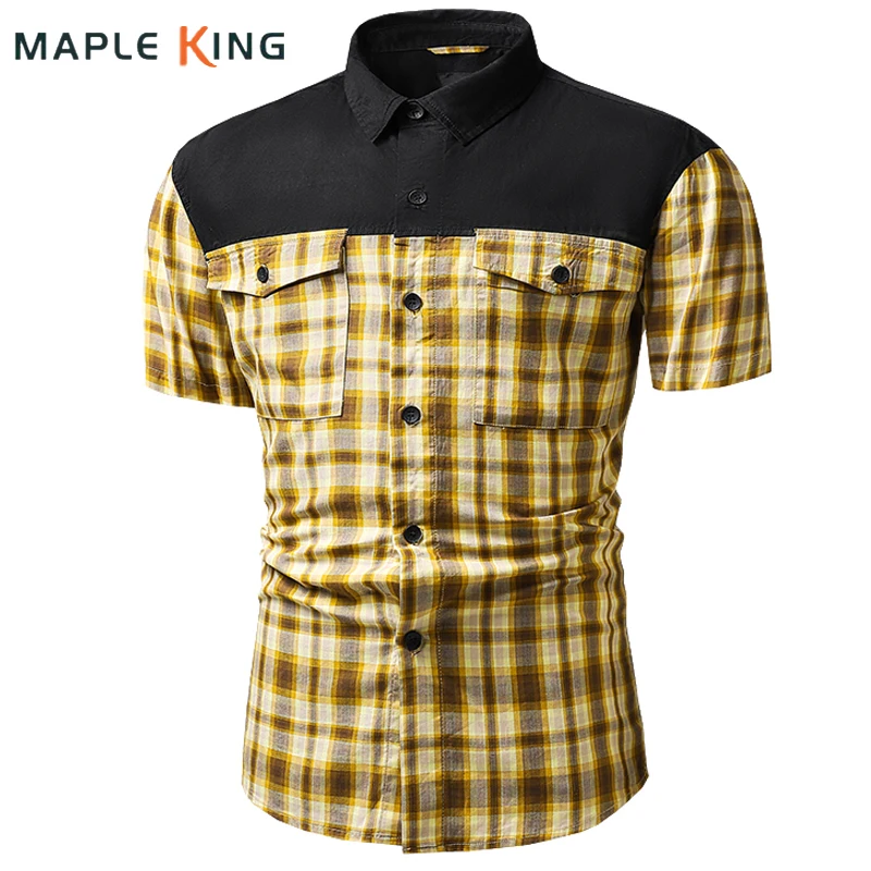 

Рубашка-карго мужская с двумя карманами, дизайнерская хлопковая уличная рабочая одежда в клетку, в стиле пэчворк, тактическая свободная уличная одежда, лето 2023