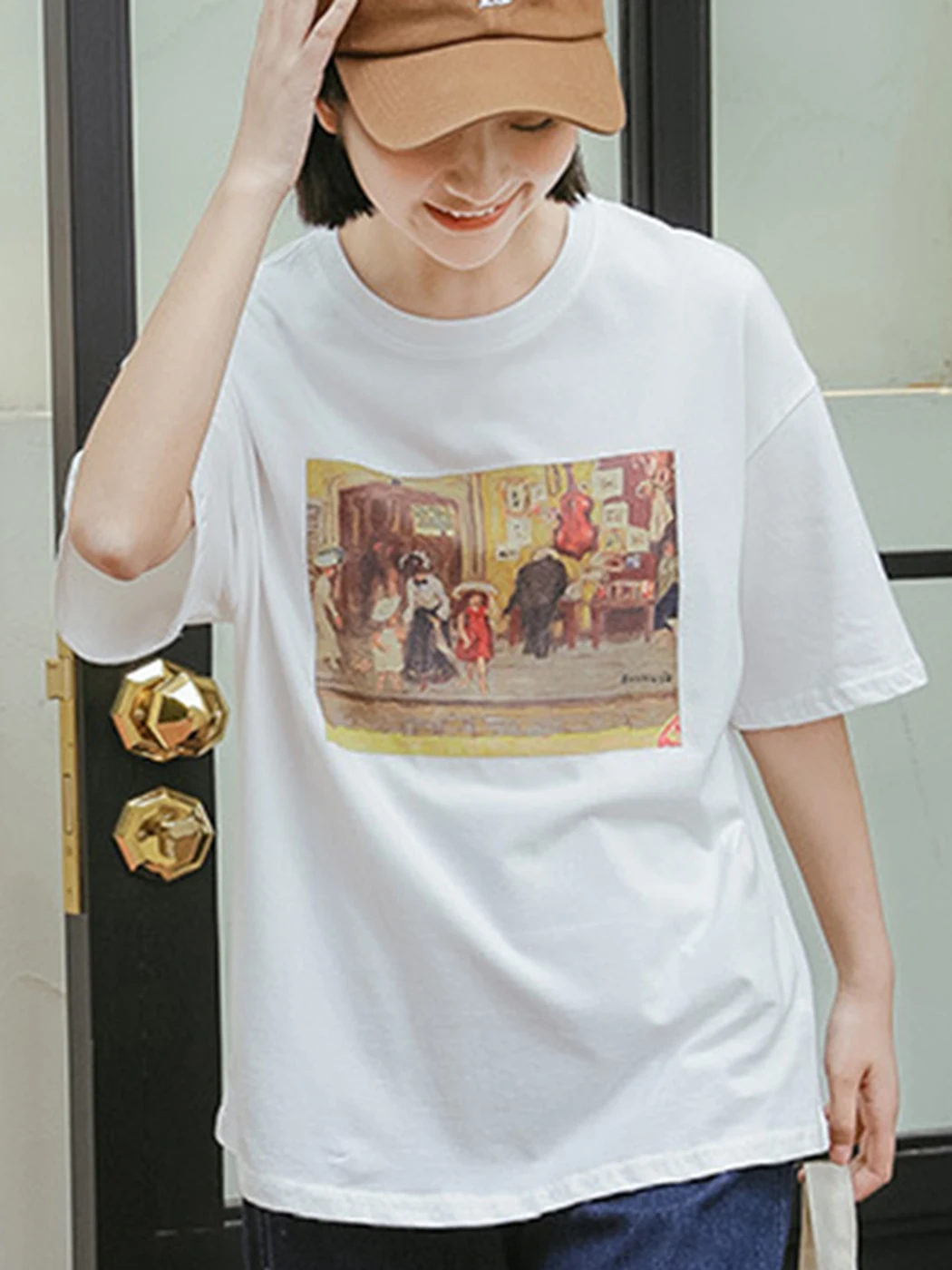 

Retro Chic Print T-shirt Top Women Clothes Cotton Round Neck Short Sleeve Loose Tee Shirts Streetwear Simple Casual Tshirts Tops