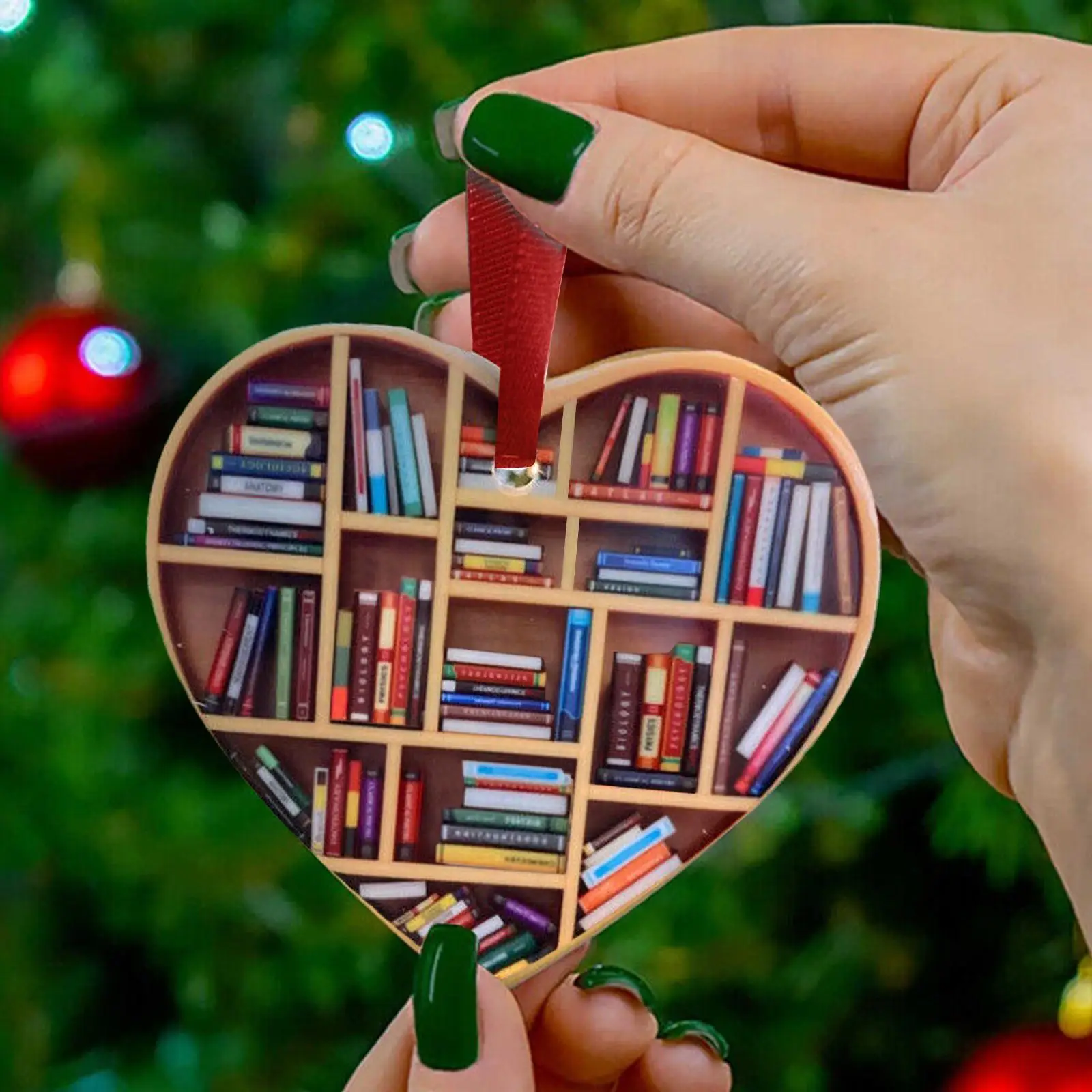 

Woodwork Book Lover Heart Shaped Bookshelf Pendant Tree Ornament Gift Decoration Christmas E6U8