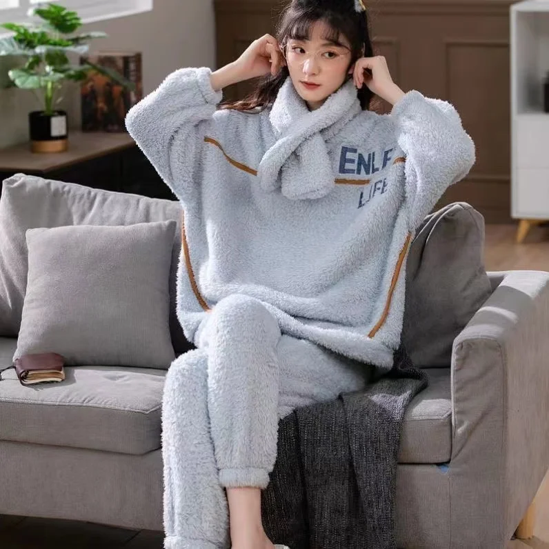 3pcs Plush Pajamas Set with Scarf Womens Winter Thickening Flannel Homewear Suit Cute Coral Fleece Girls Student Outwear Pyjama
