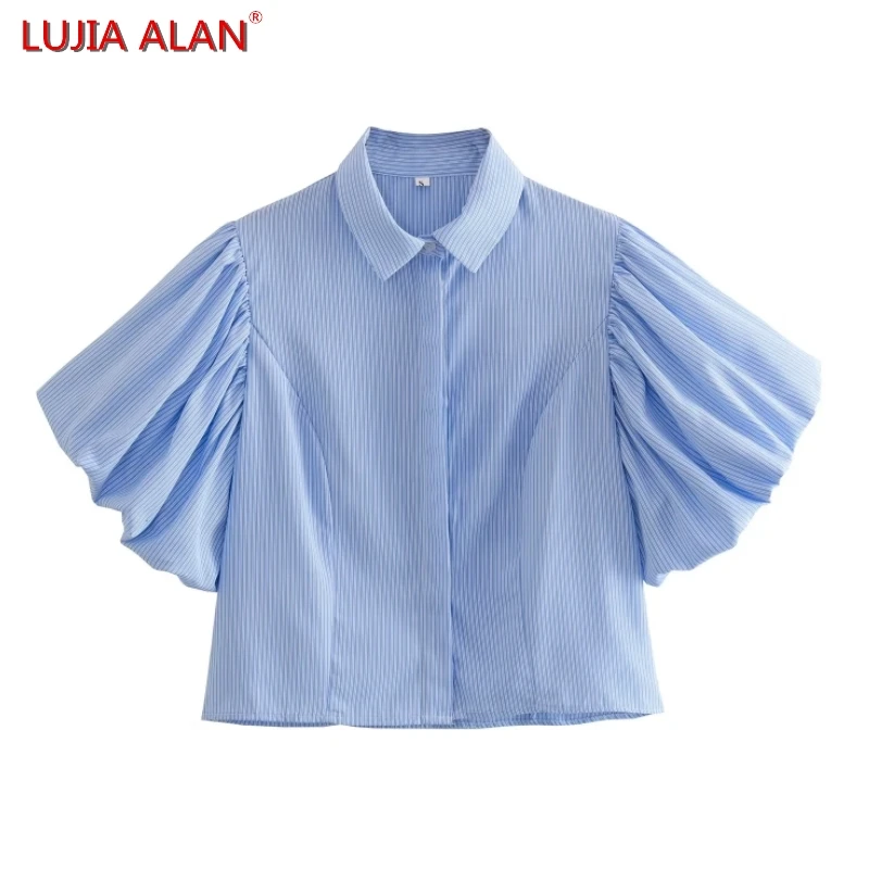 

Summer New Women Puff Sleeve Striped Shirt Female Turndown Collar Blouse Casual Loose Short Tops LUJIA ALAN B2063