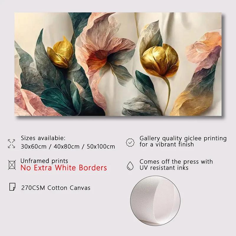 Холст В Стиле Ретро С Золотисто-зелеными И Розовыми Цветами Дизайн Виде Листьев