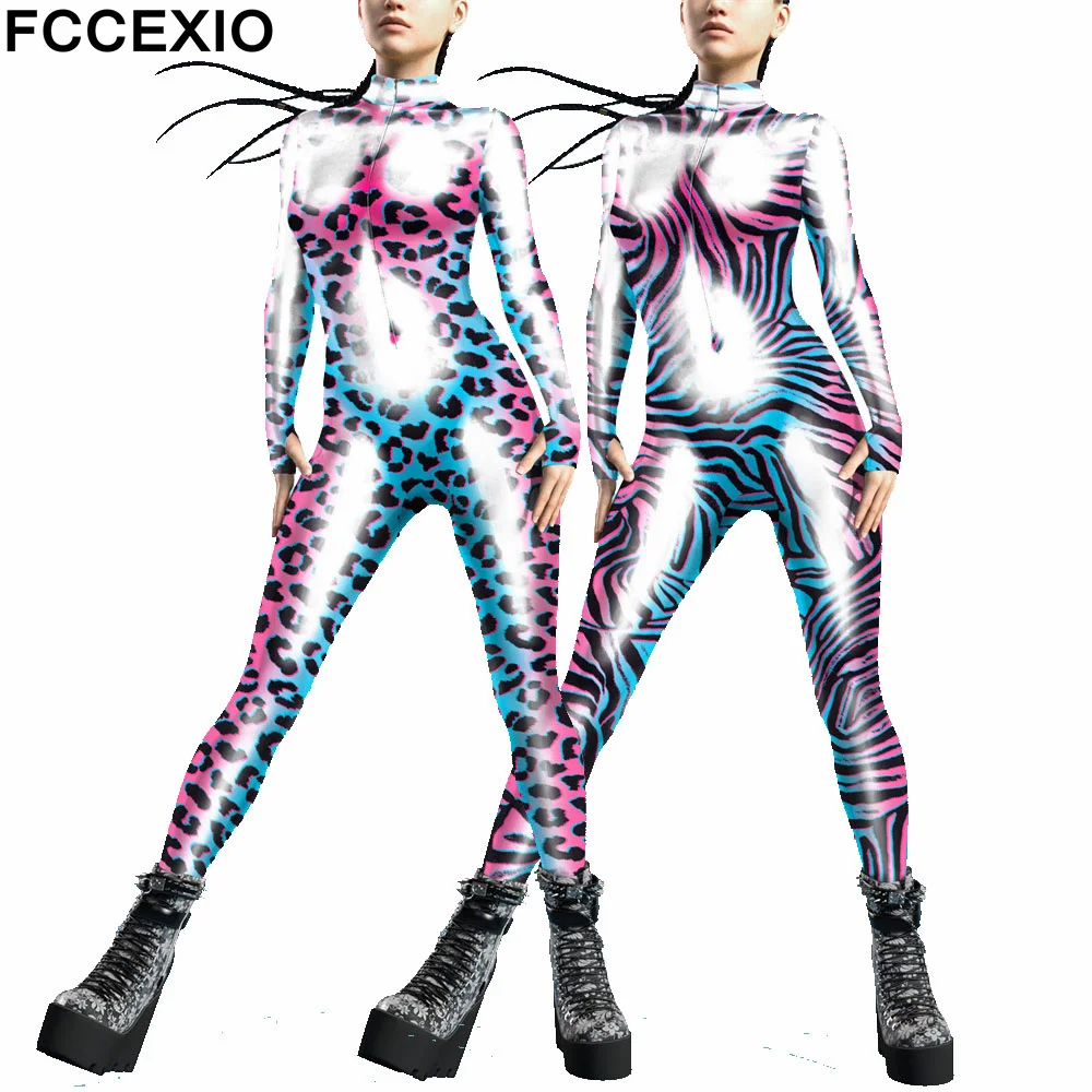 FCCEXIO Leopard Zebra Wild 3D Print Sexy Women Jumpsuit Fancy Long Sleeve Bodysuit Cosplay Costume Adult Carnival Party Clothing