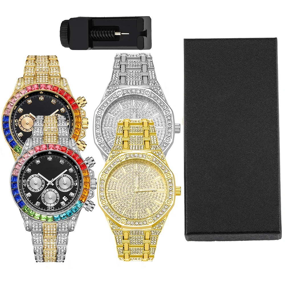 1 шт. стильные кварцевые часы в стиле хип-хоп панк инкрустация цветные бриллианты
