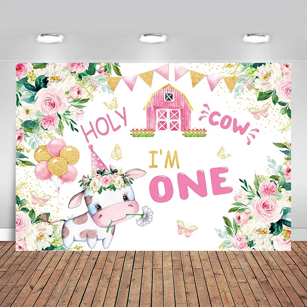 

Pink Floral Holy Cow I'm One 1st Birthday Backdrop for Girl Princess Newborn Farm Animals Barnyard Happy First Bday Party